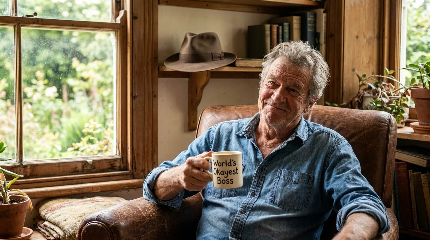A rugged older man in a denim shirt sits in a leather chair, holding a funny mug and smiling dryly.