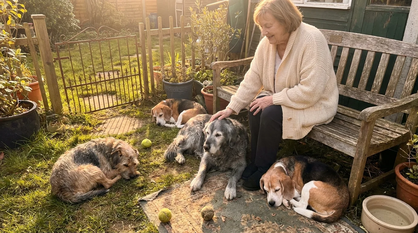 A senior woman sitting in a sunlit backyard surrounded by several senior rescue dogs.