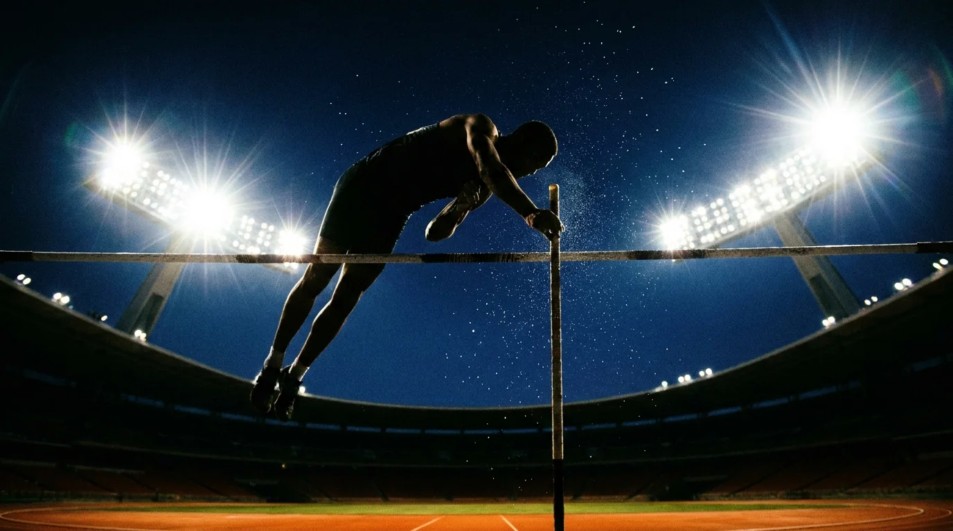 A silhouette of a pole vaulter soaring over a bar against bright stadium floodlights at night.