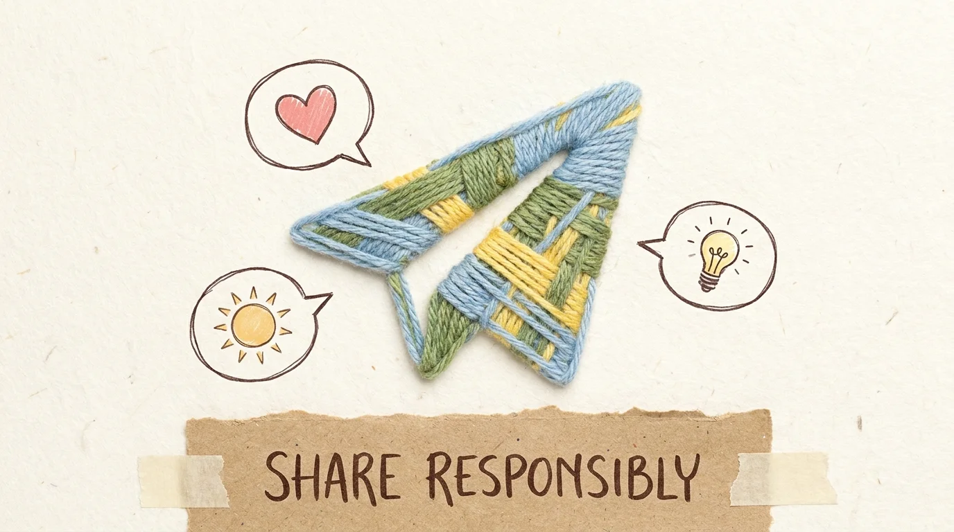 A soft-textured collage with a 'Share' icon and speech bubbles, emphasizing responsible and kind communication.