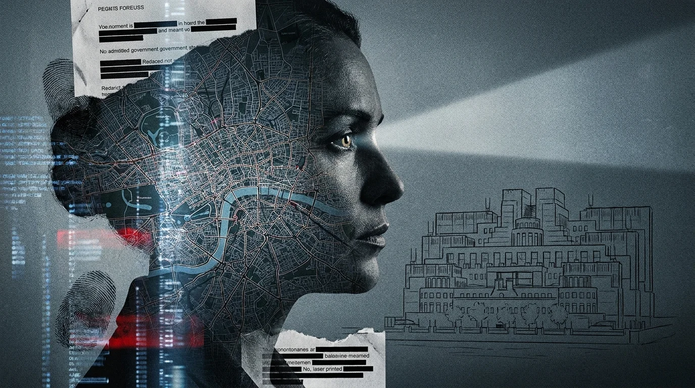 A sophisticated collage of London maps, digital data, and a woman's profile, representing power and intelligence.
