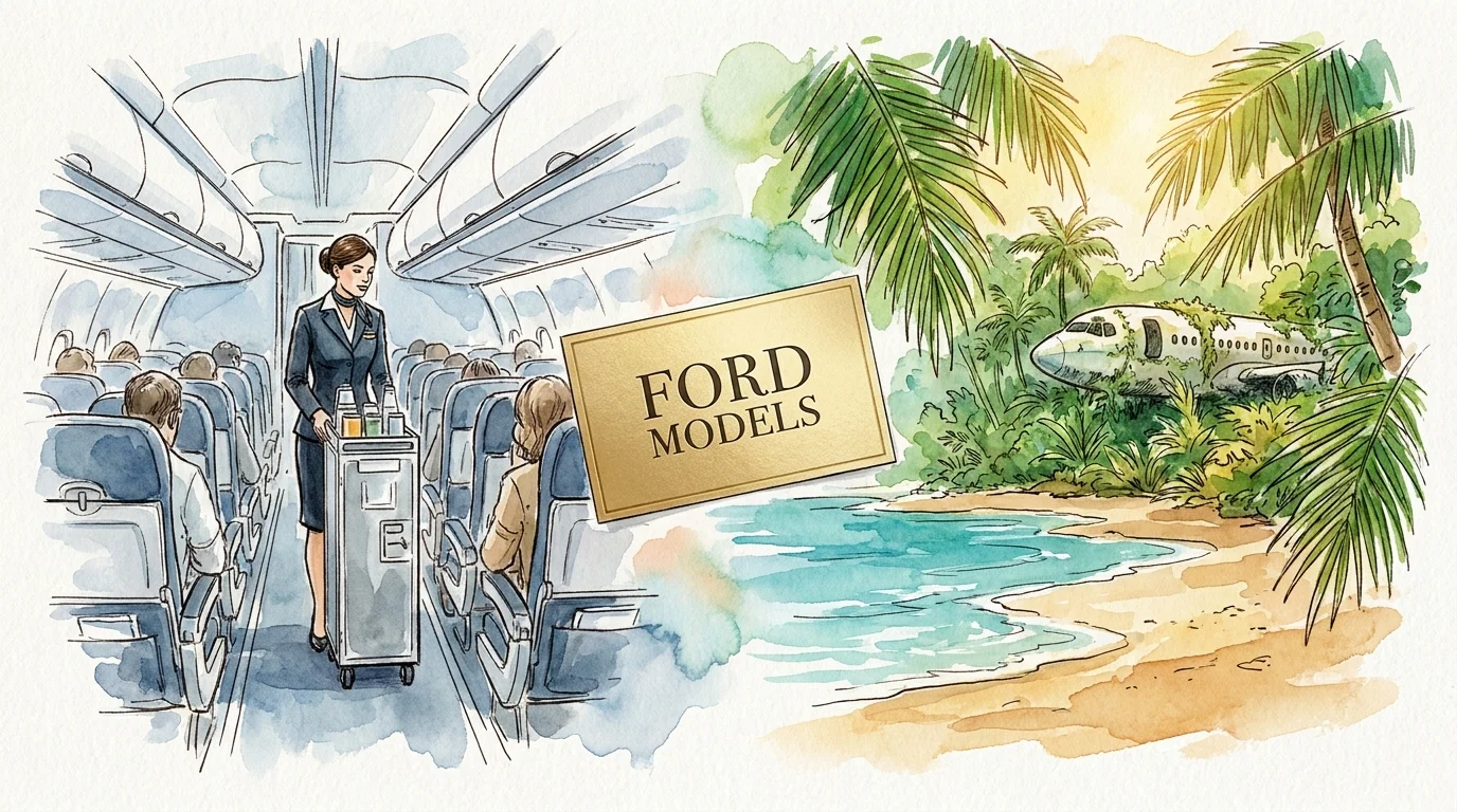 A split-screen illustration showing an airplane aisle on one side and a tropical jungle on the other, joined by a business card.