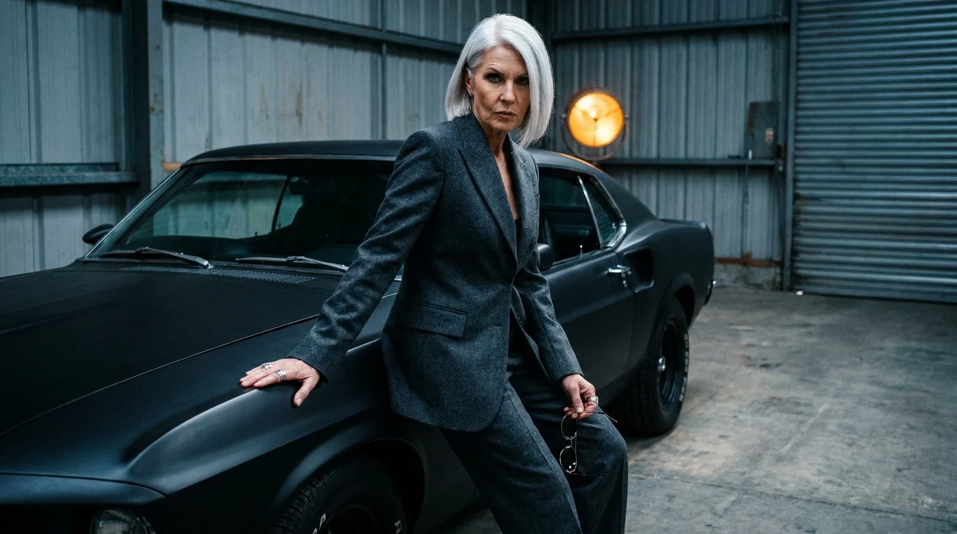 A stylish older woman in a sharp suit stands confidently by a classic black car in a dramatic, industrial setting.