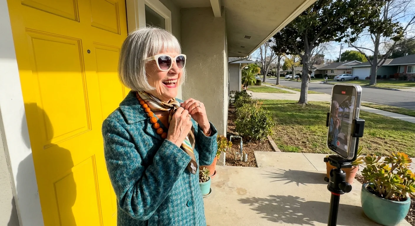 A stylish senior woman in vibrant vintage clothing posing for a social media video on her porch.
