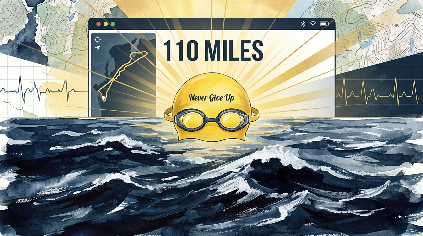 A symbolic artwork showing an ocean swimmer's gear, a GPS map of a 110-mile swim, and golden rays of light.