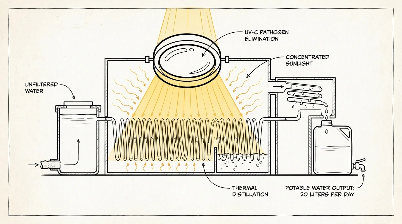 A technical cross-section diagram of a solar-powered water purifier showing sunlight heating water through copper coils.