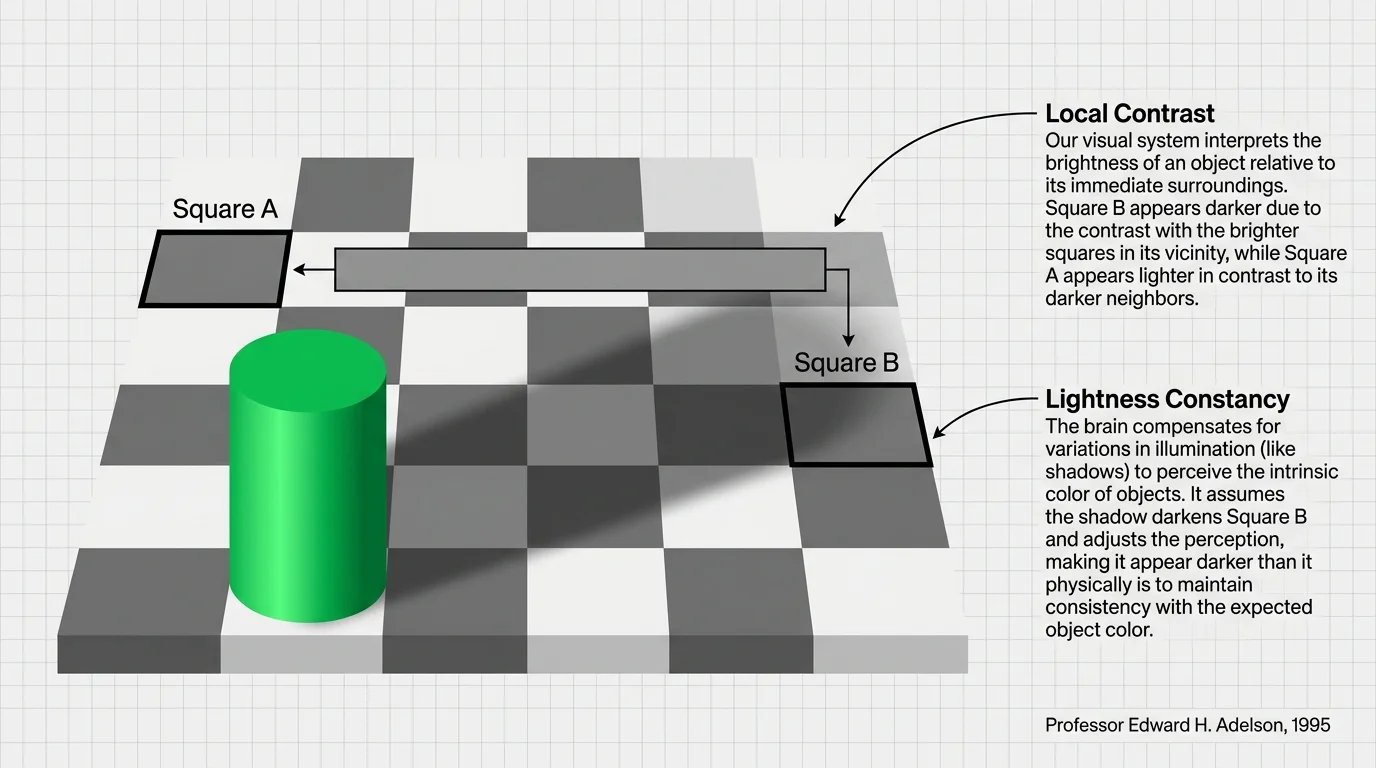 A technical diagram of the checker shadow illusion showing Square A and Square B with a color-matching bar.