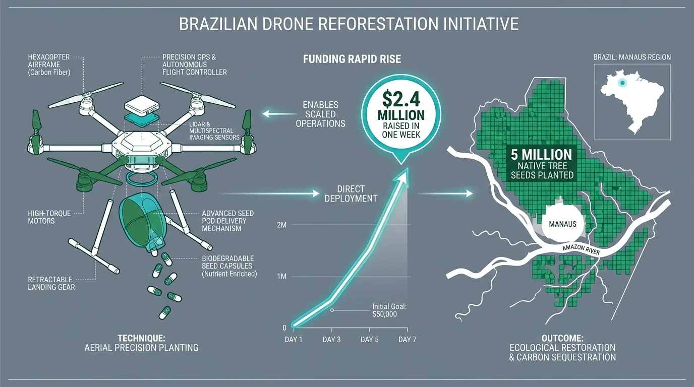 A technical diagram showing an industrial drone, a graph showing $2.4 million raised, and a map of 5 million trees planted in Brazil.