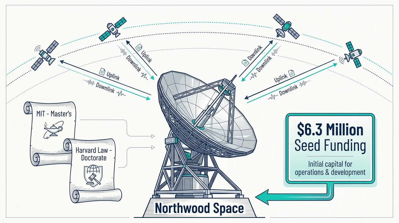 A technical diagram showing satellite communication paths, academic degrees from MIT and Harvard, and a $6.3 million funding callout.