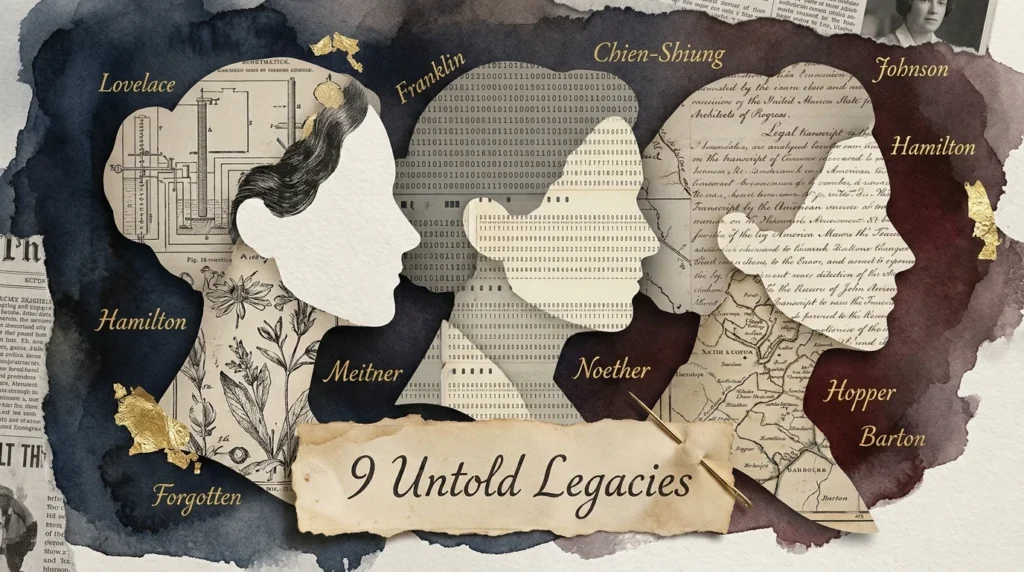 A textured mixed-media collage showing silhouettes filled with historical maps, scientific diagrams, and handwritten letters.
