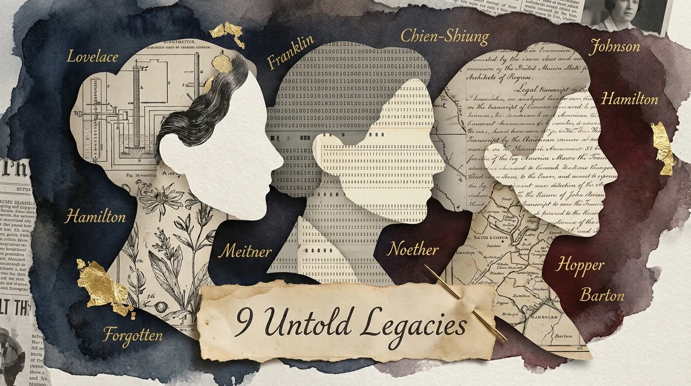 A textured mixed-media collage showing silhouettes filled with historical maps, scientific diagrams, and handwritten letters.