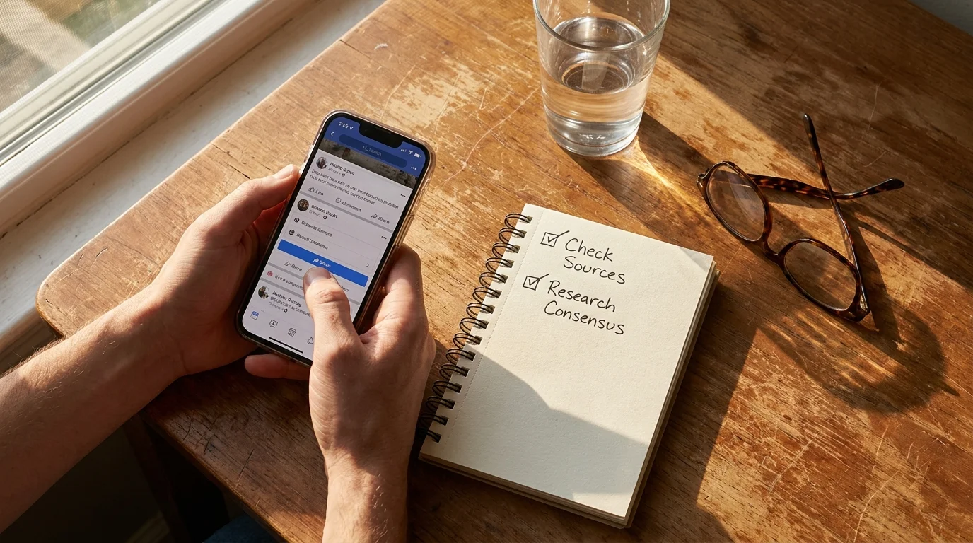 A top-down photo of a person sharing a post on their phone next to a handwritten checklist for responsible sharing.