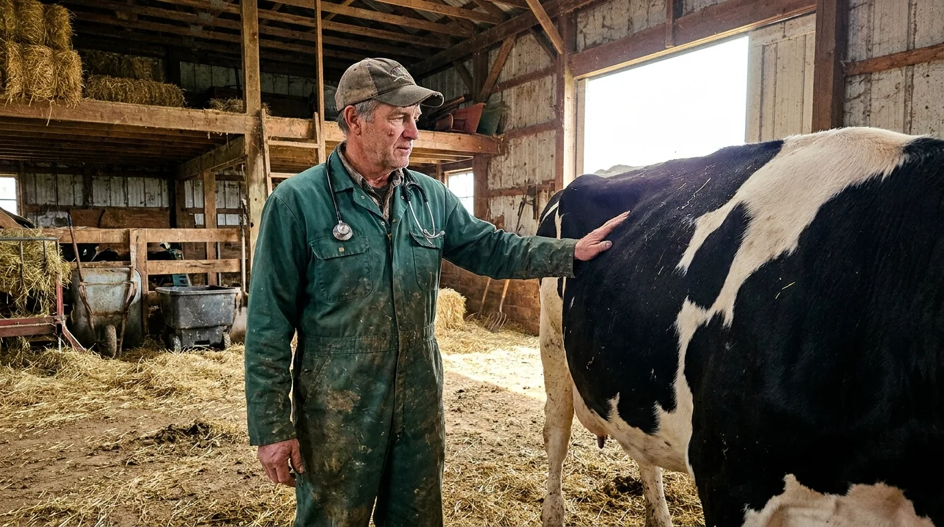 A veterinarian in overalls tending to a cow inside a sunlit wooden barn, representing a life of rural service.