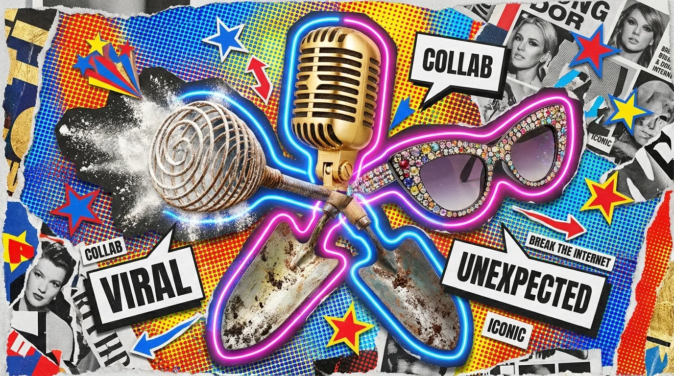 A vibrant digital collage featuring a gold microphone, a whisk, jeweled sunglasses, and a garden trowel against a neon halftone background.