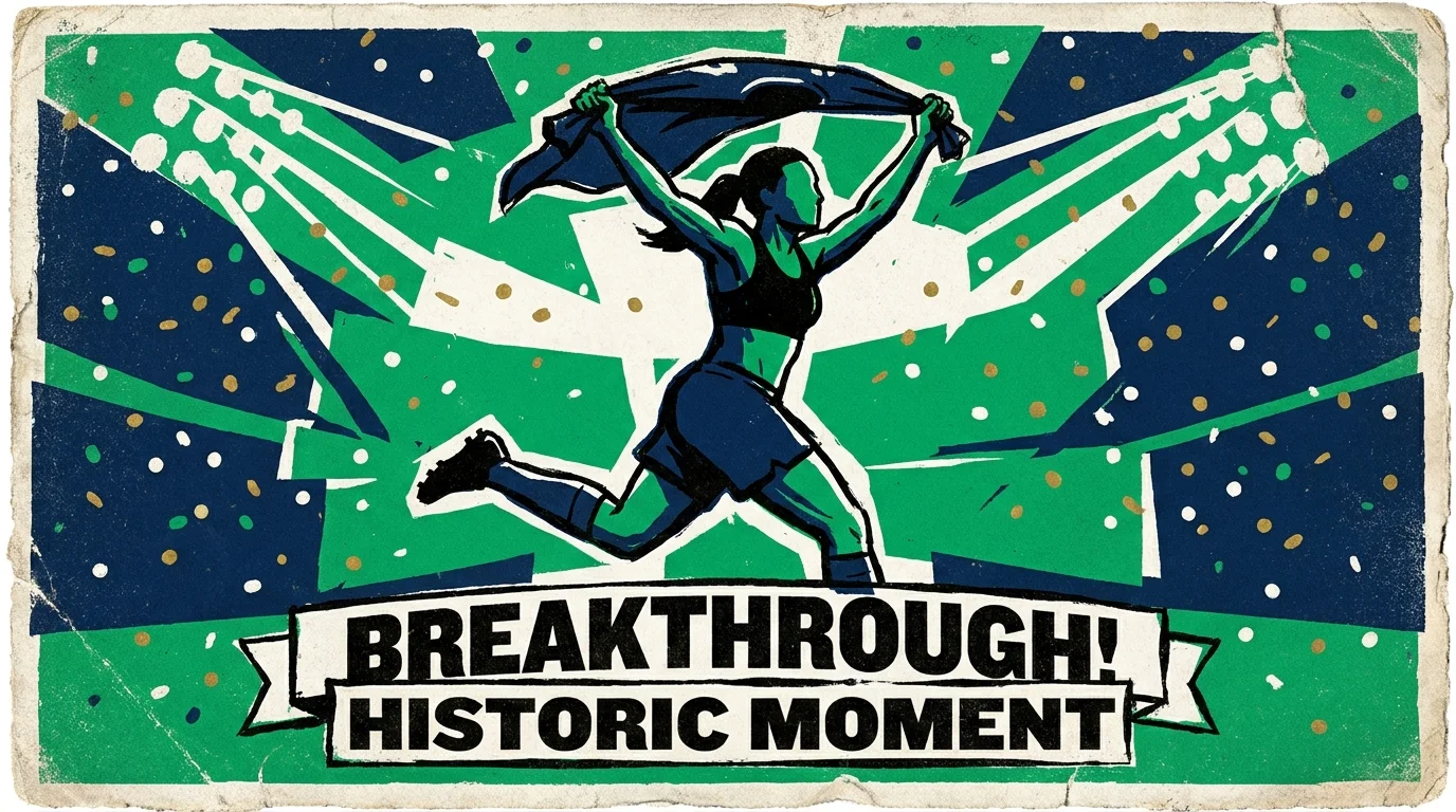 A vibrant green and white screenprint of a female soccer player celebrating a goal by waving her jersey.
