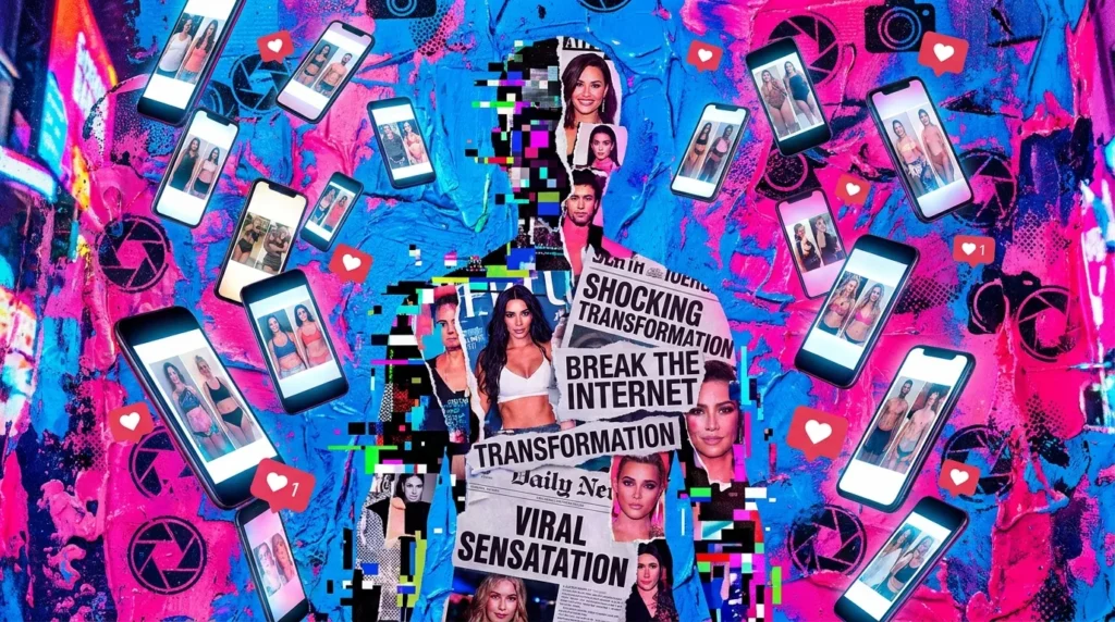 A vibrant mixed media collage showing smartphone screens and torn magazine headlines about celebrity physical transformations.