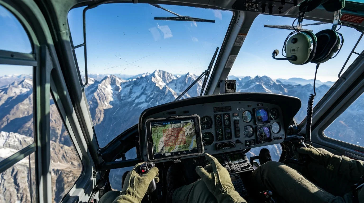 A view from inside a helicopter cockpit looking out at snowy mountains, with a search-and-rescue map on the dashboard.