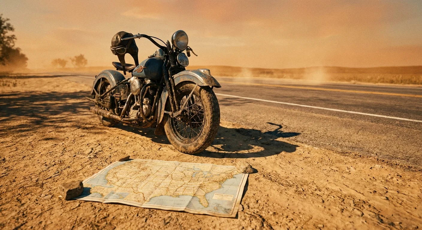 A vintage 1930s motorcycle parked on the side of a long, sun-drenched highway with a map and aviator goggles.
