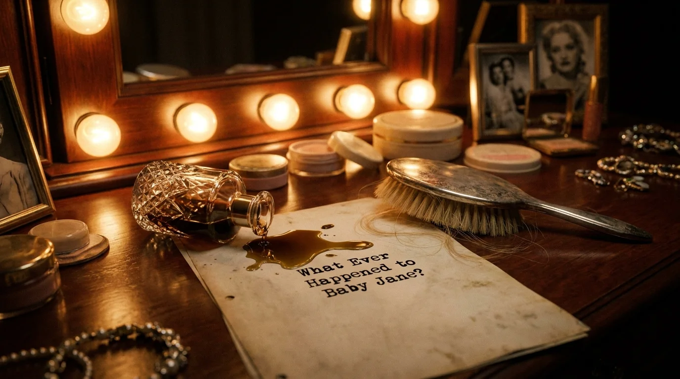 A vintage 1960s vanity with a spilled perfume bottle on a script titled 'What Ever Happened to Baby Jane?' in dramatic lighting.