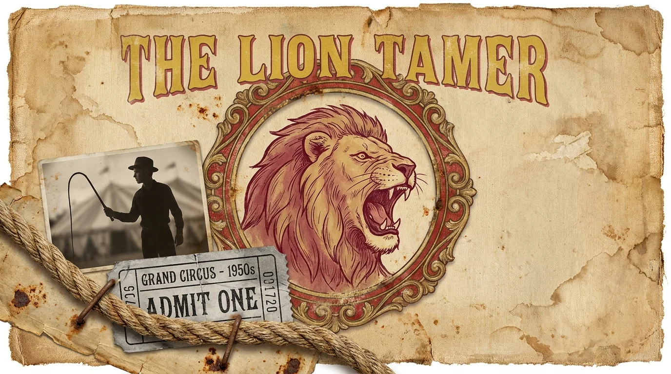 A vintage circus-themed collage with a lion illustration, a piece of rope, and an old 'Grand Circus' ticket stub.