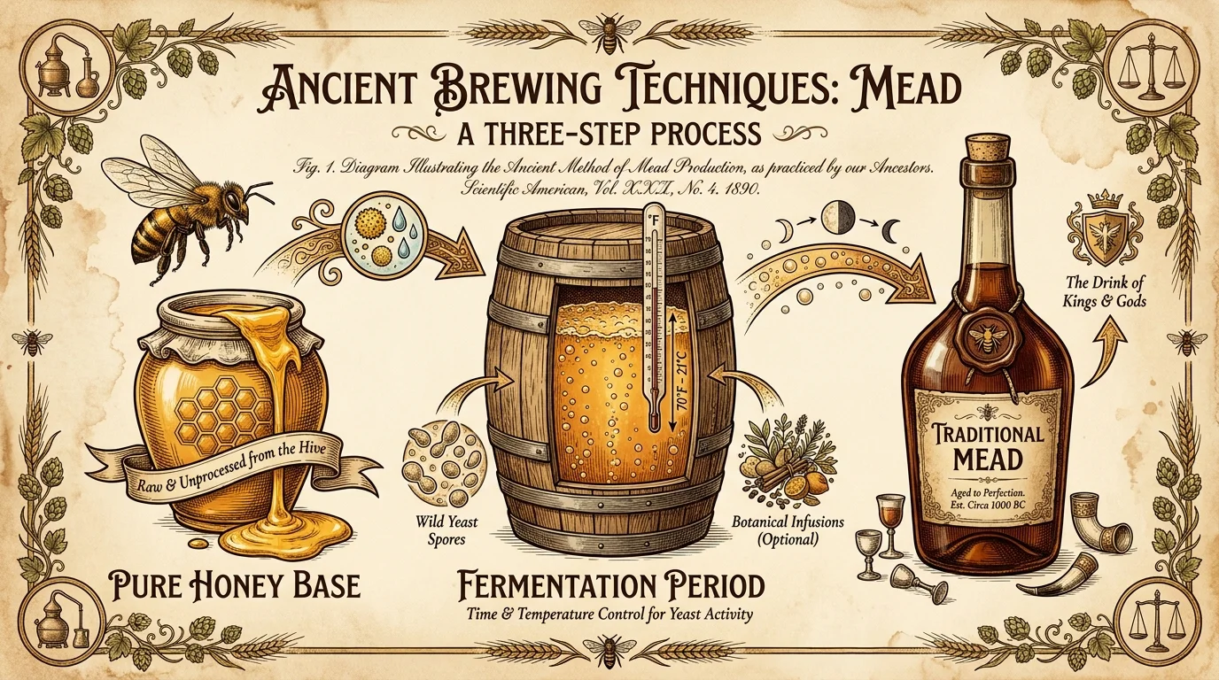 A vintage-style infographic showing the steps of making mead, from honey to fermentation to the bottled product.