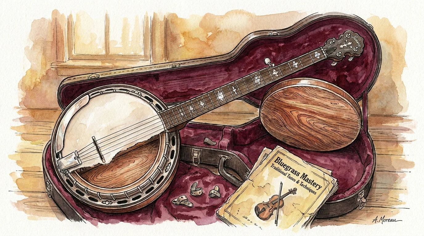 A watercolor illustration of a 5-string banjo in a case, surrounded by finger picks and bluegrass sheet music.