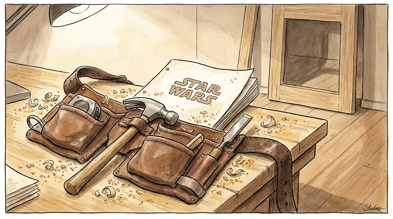 A watercolor illustration of a carpenter's tool belt on a workbench next to a folded script titled 'Star Wars'.