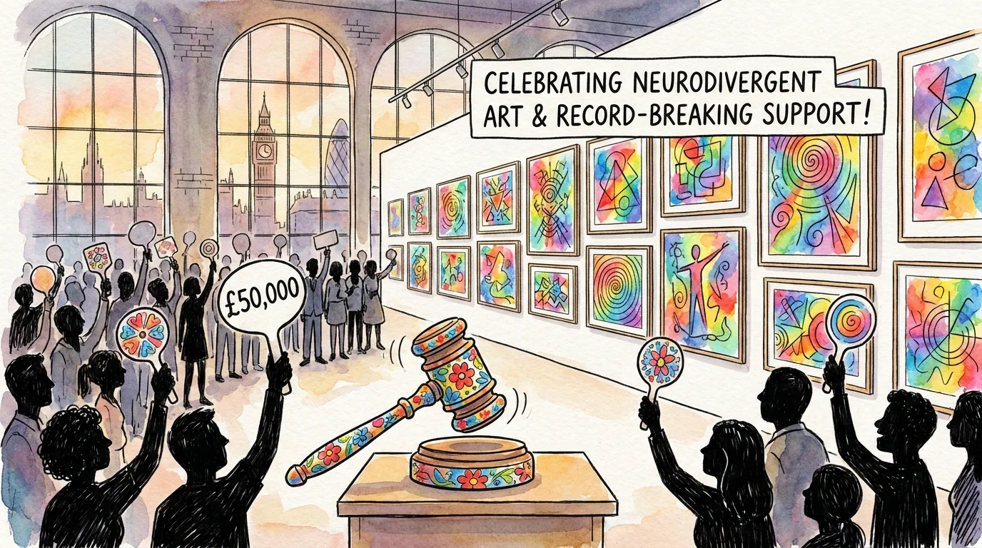 A watercolor illustration of an art gallery filled with colorful abstract paintings and people holding bidding paddles.