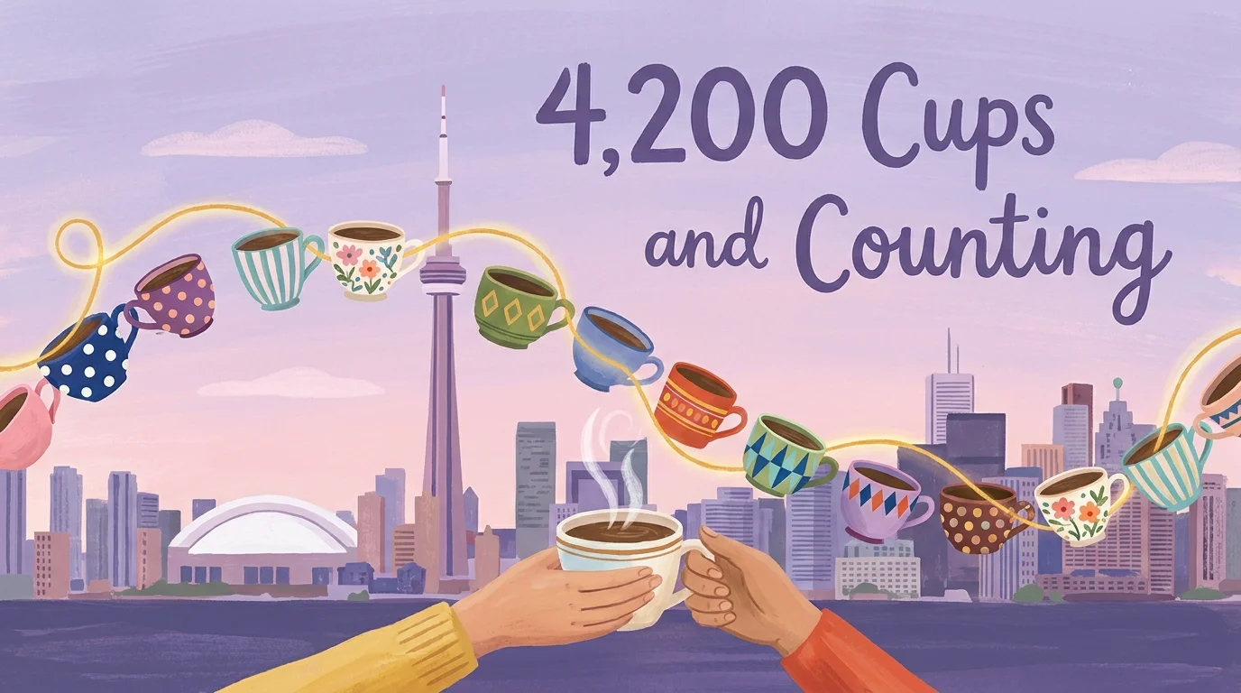 A whimsical illustration of a chain of colorful coffee cups weaving through the Toronto skyline under a twilight sky.