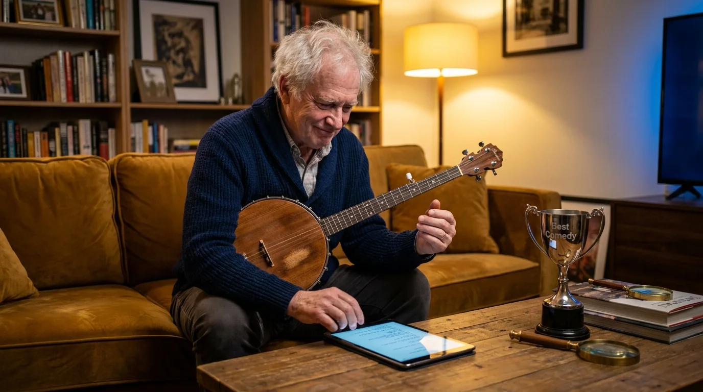 A white-haired man in a navy sweater sits on a sofa with a banjo and a script, looking at a streaming television screen.