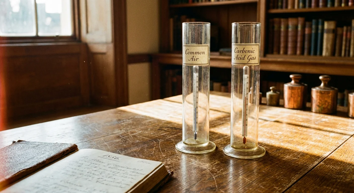 An 1856 scientific still life showing glass cylinders and mercury thermometers labeled 'Common Air' and 'Carbonic Acid Gas' in sunlight.