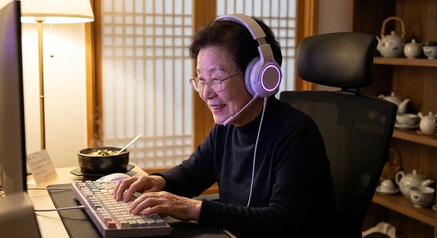 An 82-year-old Korean woman with a gaming headset and focused expression, sitting at a glowing computer desk in her home.