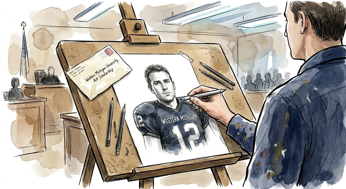 An editorial illustration of a courtroom sketch artist drawing a football player, with an art scholarship letter nearby.