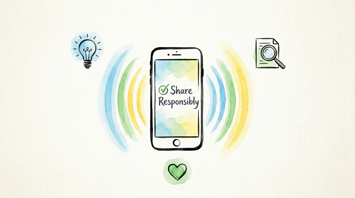 An editorial illustration of a smartphone with the words 'Share Responsibly' and icons for truth and fact-checking.