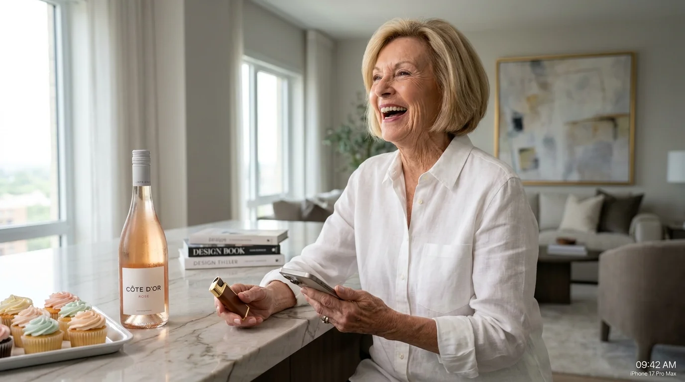 An elegant older woman in a bright kitchen laughs while holding a smartphone and a designer lighter, embodying modern domestic humor.
