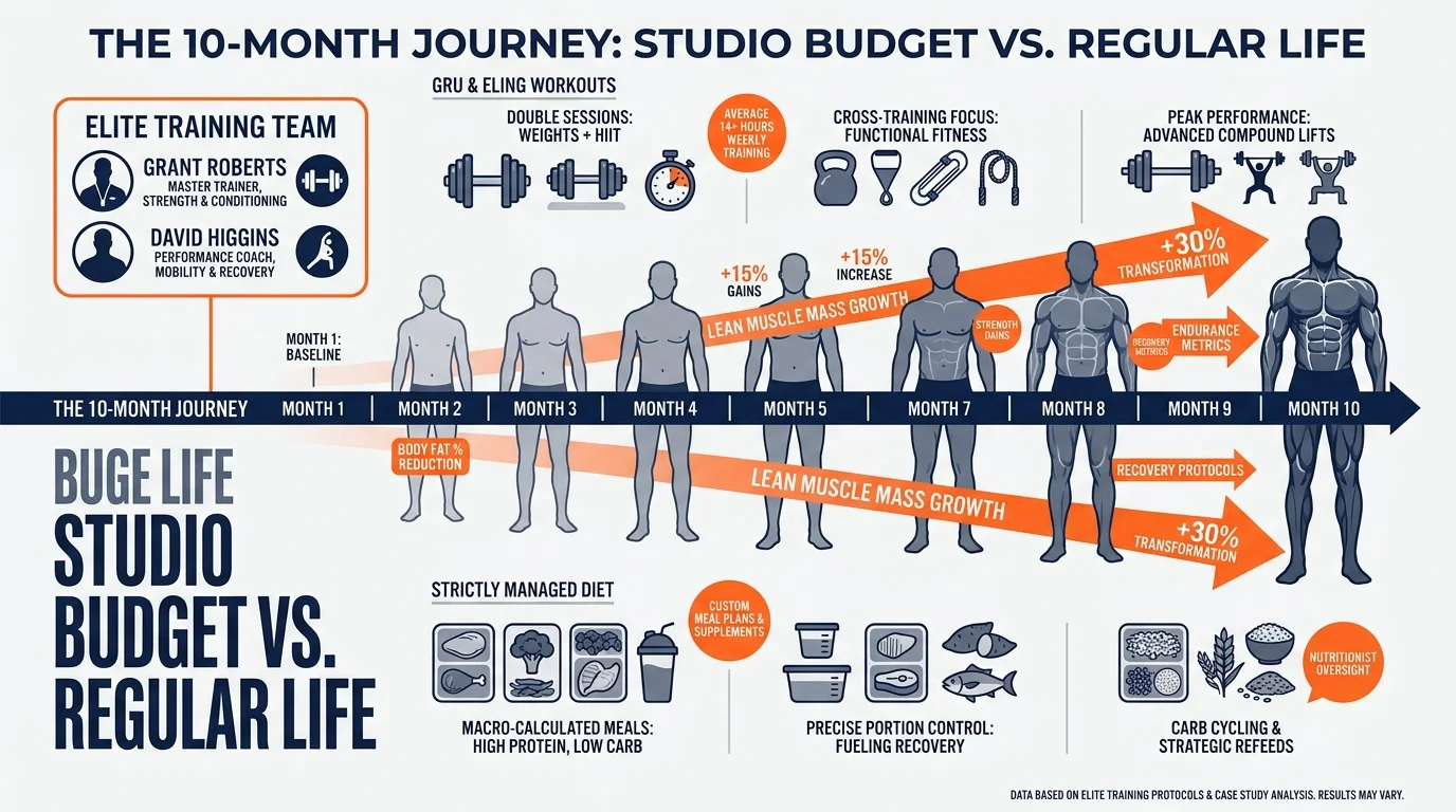 An infographic showing a 10-month fitness timeline with labels for training experts and studio budgets.