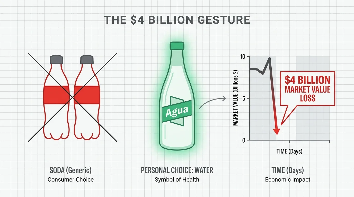 An infographic showing the economic impact of choosing water over soda, featuring a declining stock line and a $4 billion label.