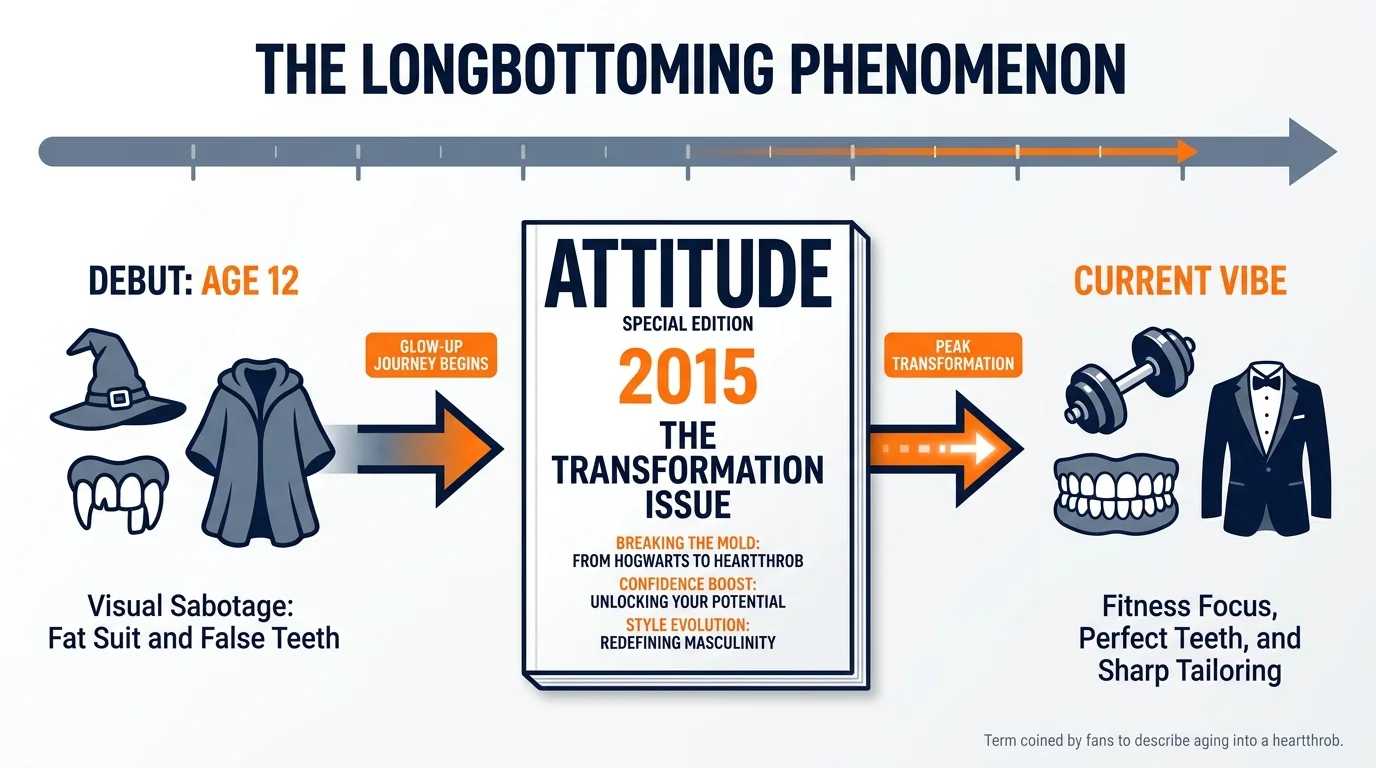 An infographic titled The Longbottoming Phenomenon showing the timeline from a wizard character to a modern heartthrob.