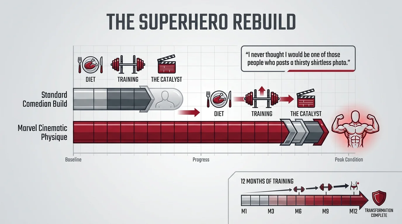 An infographic titled The Superhero Rebuild showing a comparison between a comedian's physique and a Marvel training routine.