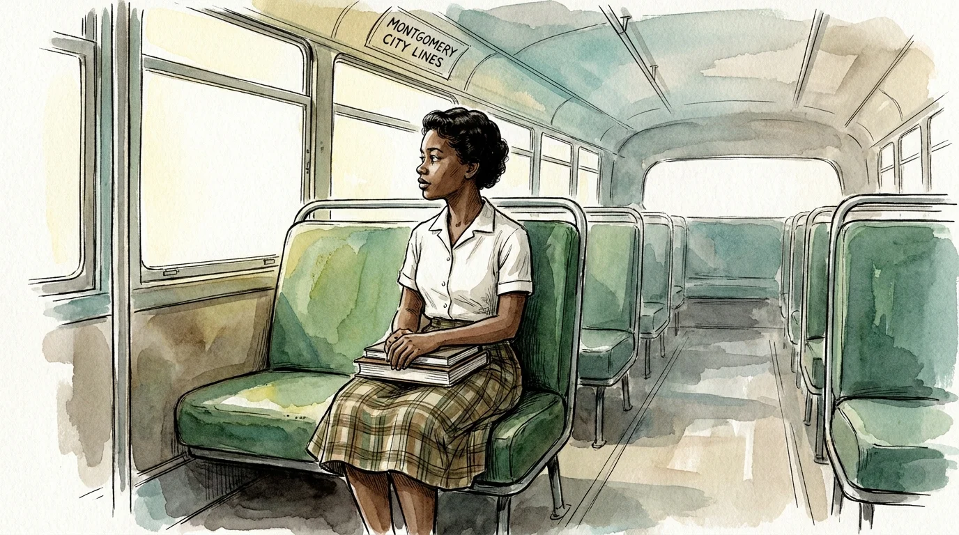 An ink and watercolor drawing of 15-year-old Claudette Colvin sitting alone on a city bus, looking out the window with determination.