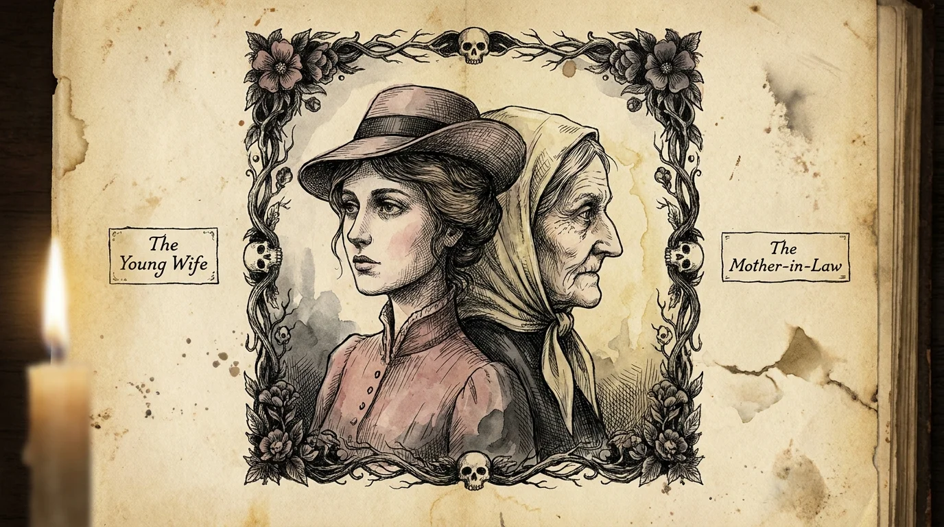 An ink and watercolor drawing of the classic 'My Wife and My Mother-in-Law' ambiguous figure illusion.