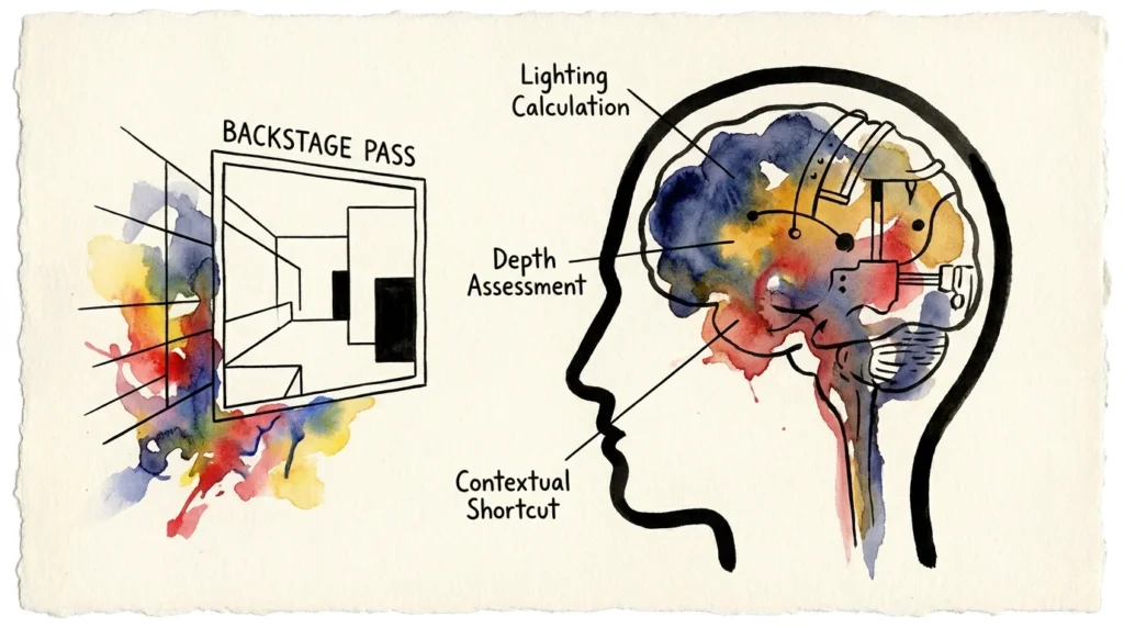 An ink and watercolor illustration of a human head silhouette with a watercolor brain and labels about neural calculations.