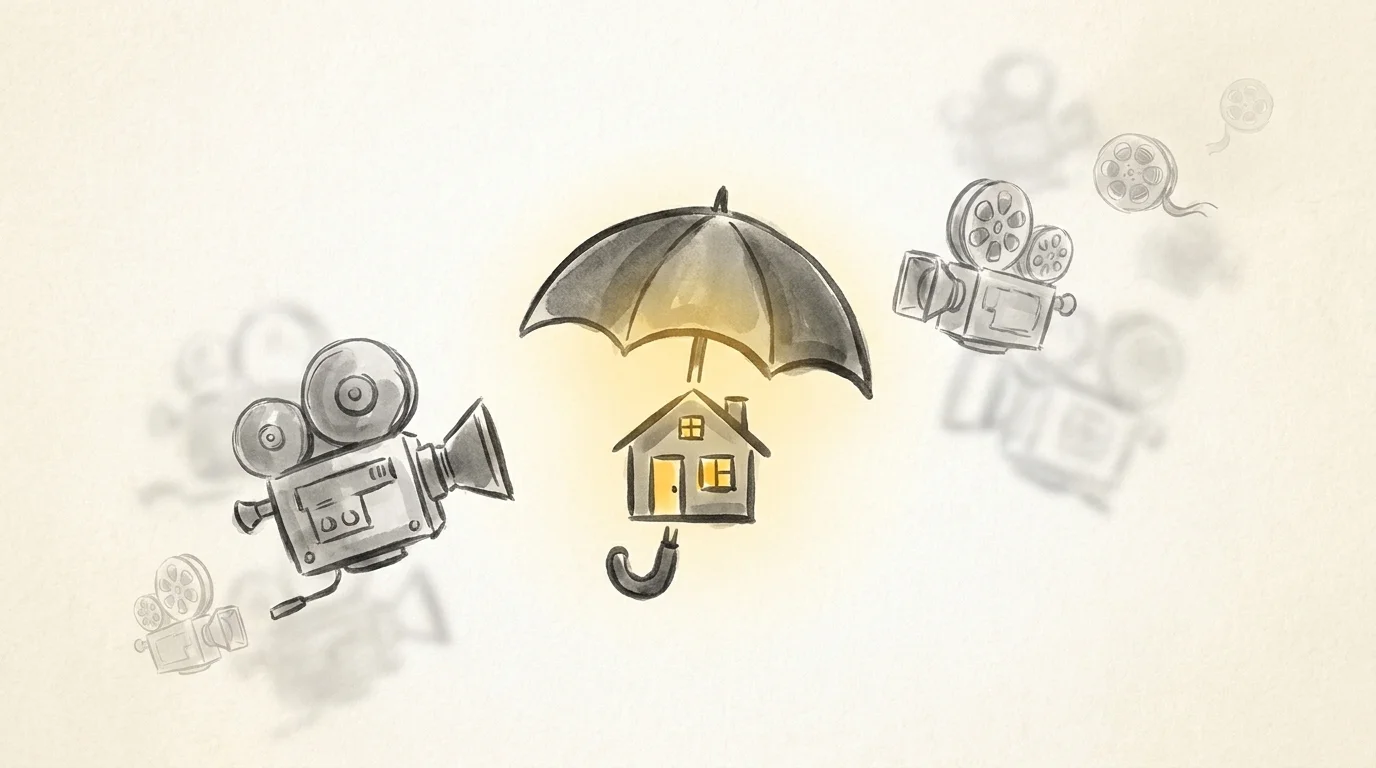 An ink drawing of a glowing house under an umbrella, with film industry symbols fading into the background.