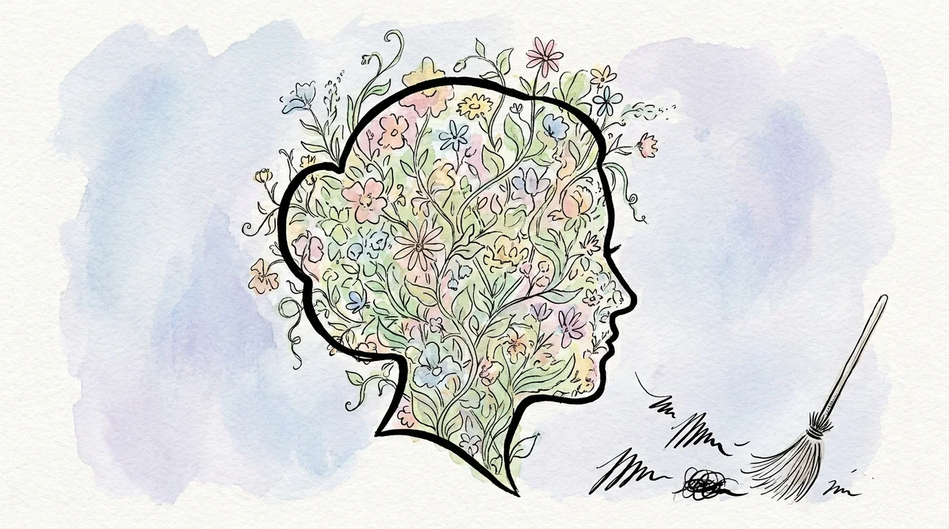 An ink drawing of a head silhouette filled with flowers, with scribbles being swept away, representing mental health.