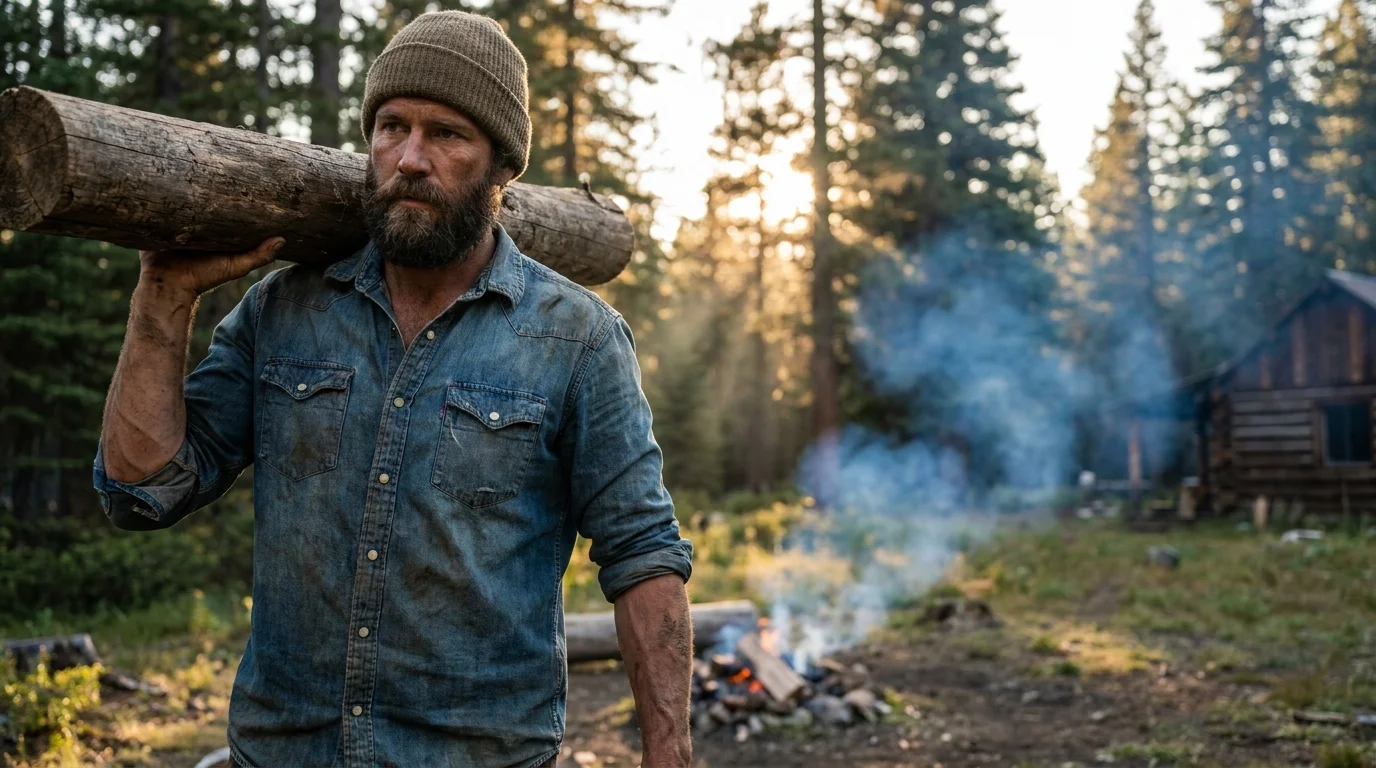 An iPhone-style photo of a rugged man in a denim shirt carrying a log in a forest during golden hour.