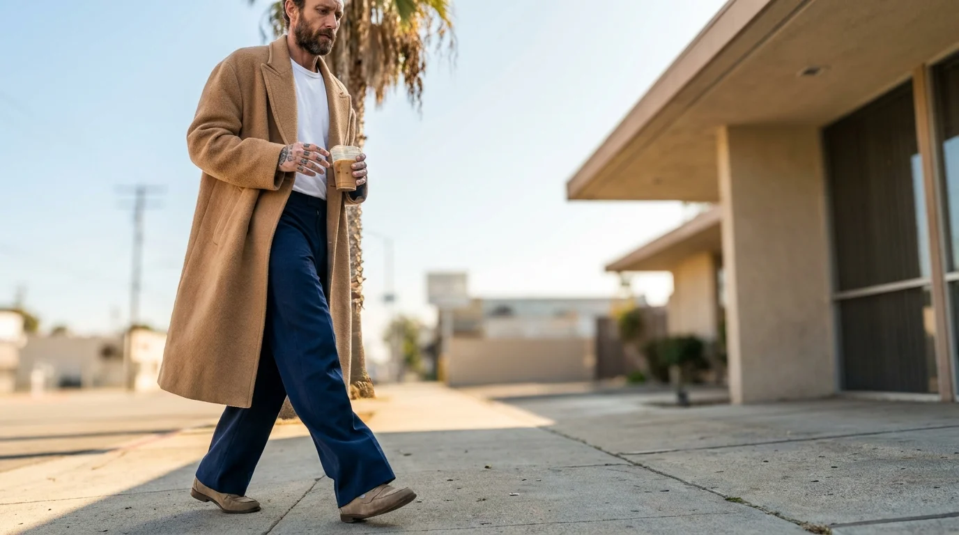 An iPhone-style photo of a stylish man in a tailored coat and tattoos walking in Los Angeles with an iced coffee.