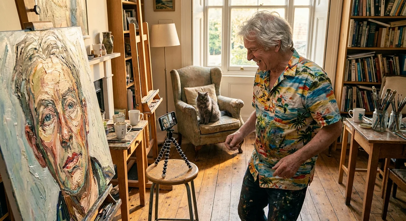 An older man in a colorful shirt dances in his sunlit art studio while filming a video for social media on his phone.