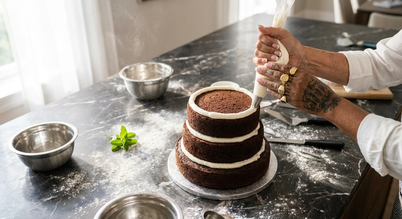 Close-up of two different hands decorating a cake together on a flour-dusted marble counter in a sunlit kitchen.