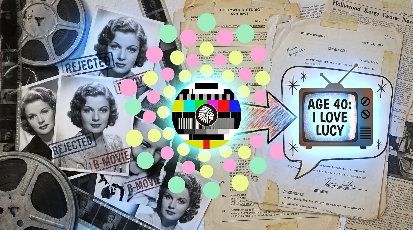 Collage of black-and-white film reels and 1950s television graphics with the text Age 40: I Love Lucy.