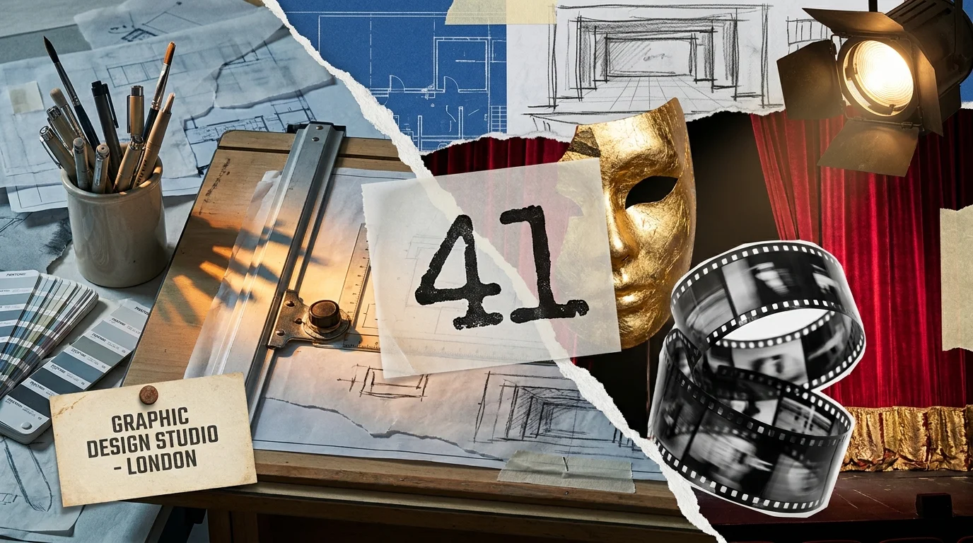 Collage showing graphic design tools on the left and red theater curtains on the right with the number 41 in the center.